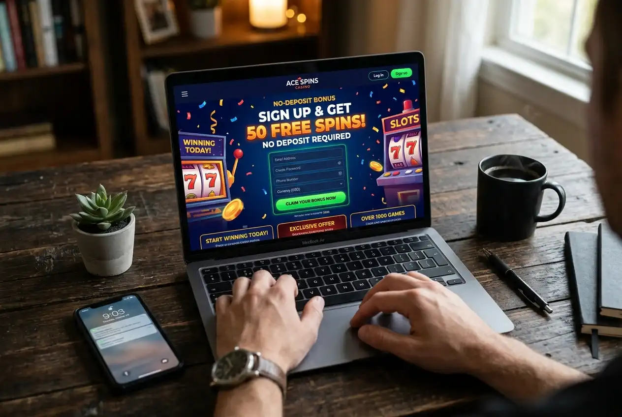Casino registration page offering a no-deposit bonus upon account creation