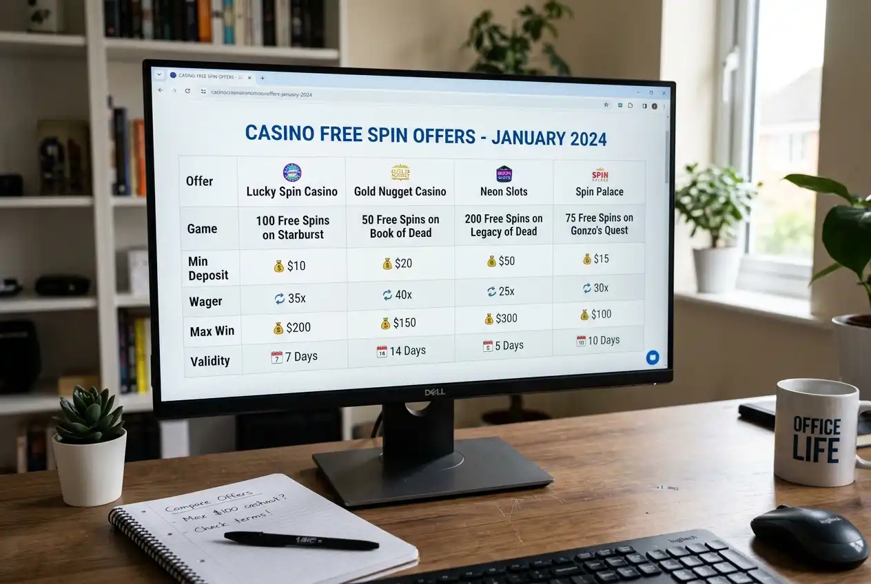 Side-by-side comparison of casino free spin packages on a monitor screen