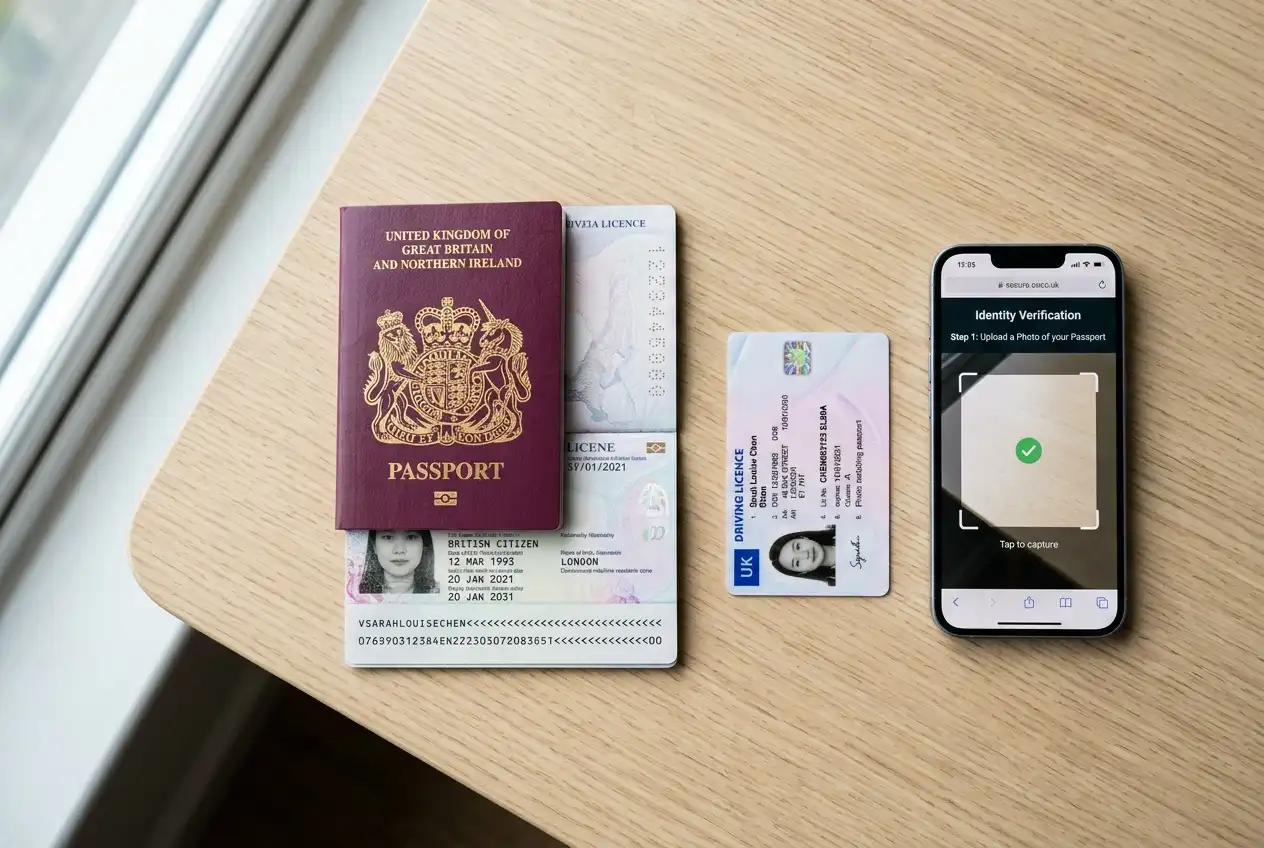 Passport and driver licence laid out beside a phone ready for verification upload