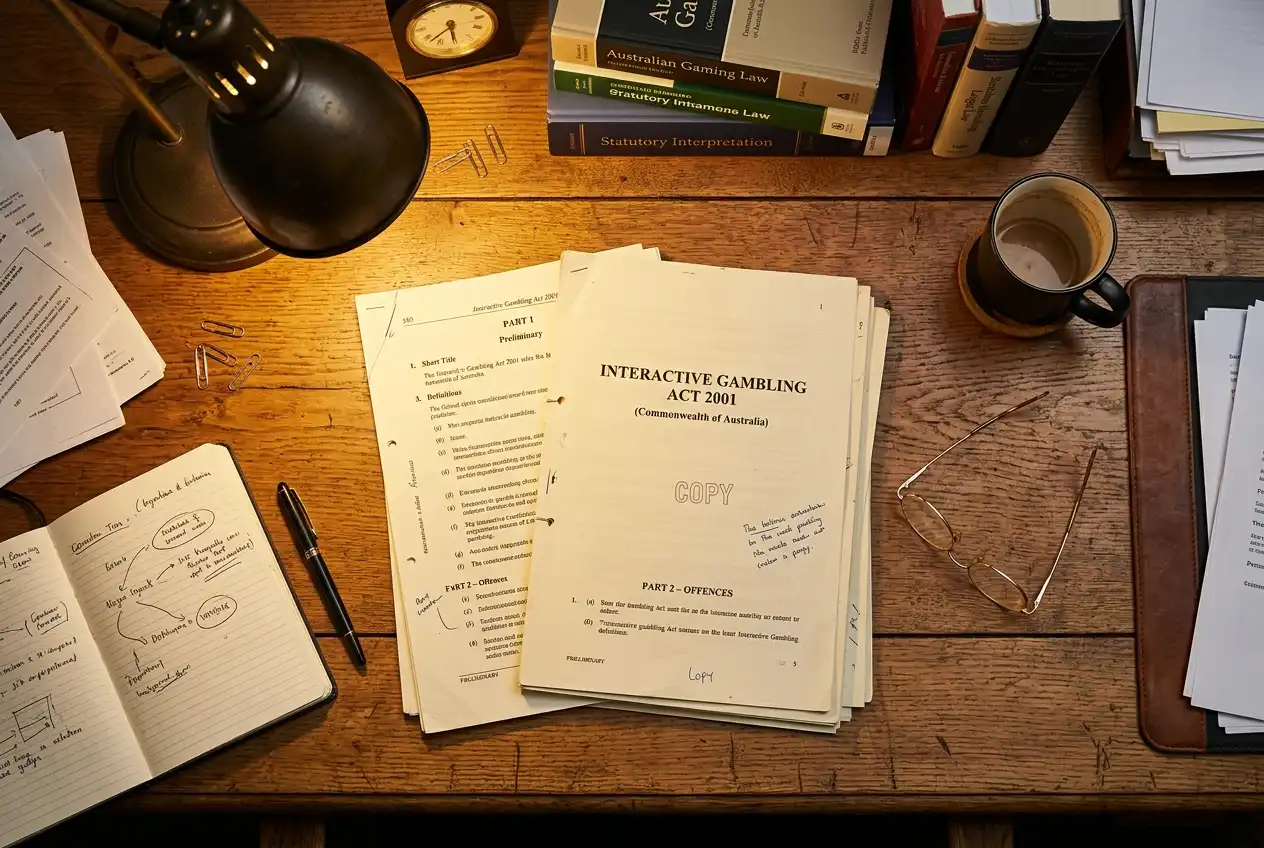 Legal document representing the Interactive Gambling Act 2001 on a desk with glasses
