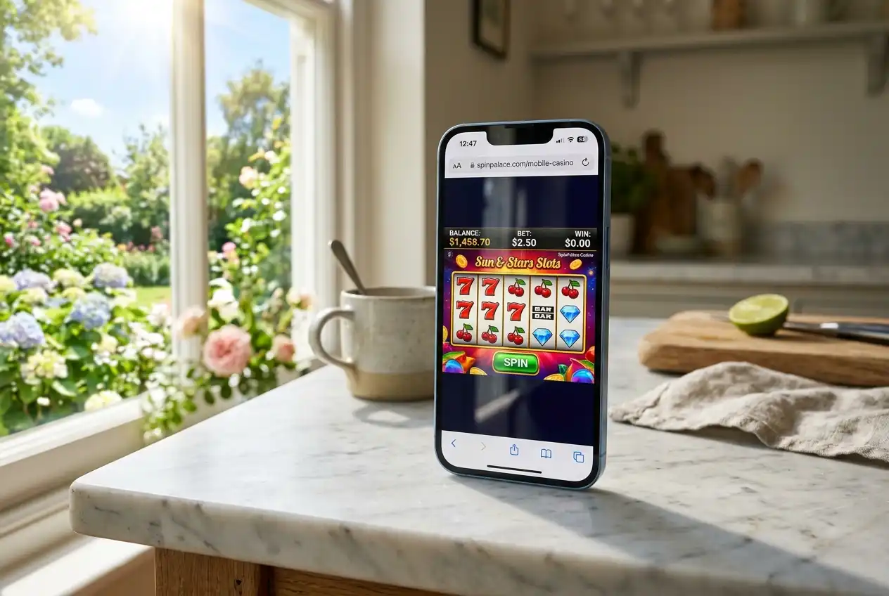 iPhone screen showing a casino game running in the mobile browser with balance visible