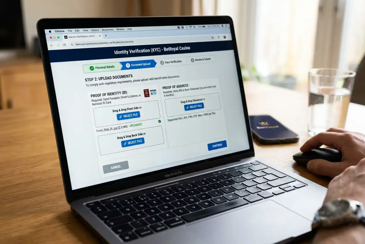 Casino identity verification page with document upload fields for KYC completion