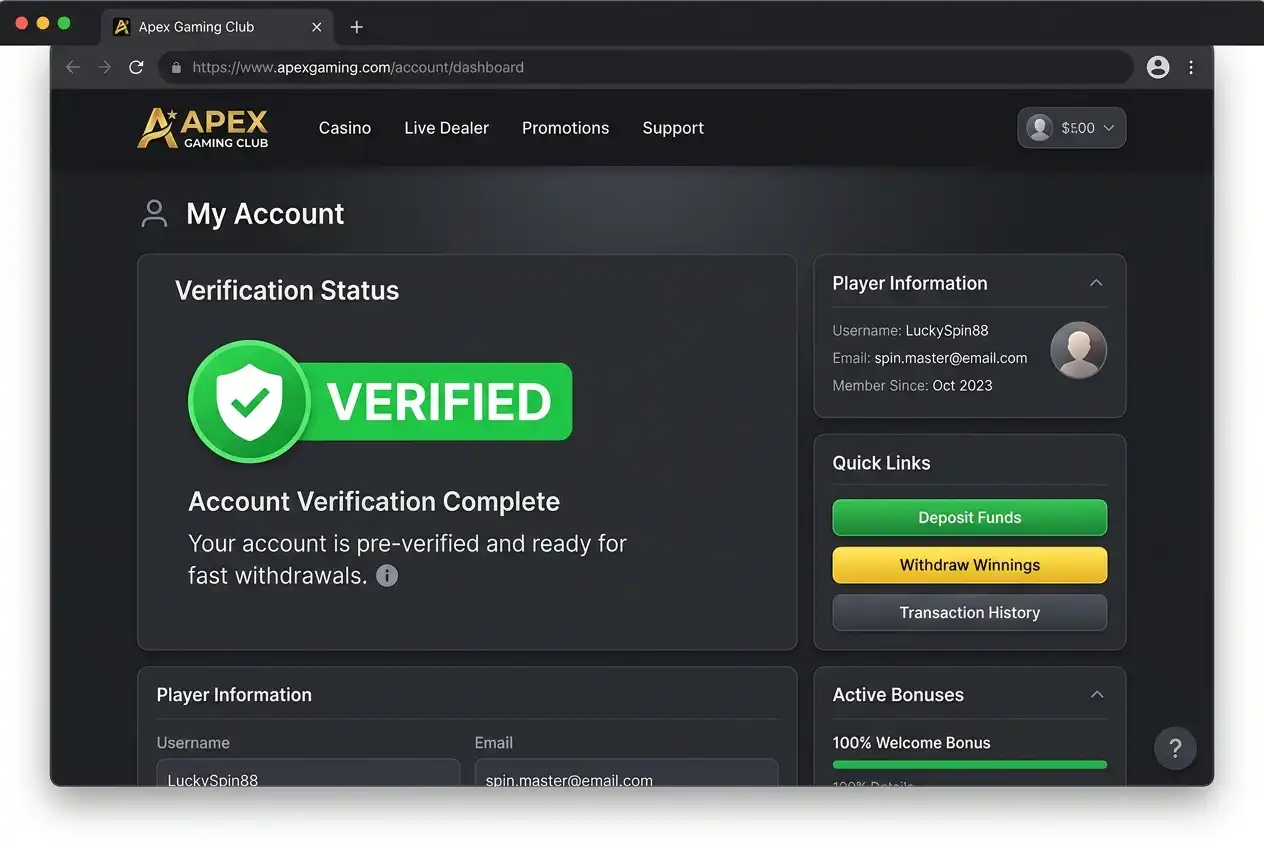 Casino account verification complete badge showing ready-for-fast-withdrawal status