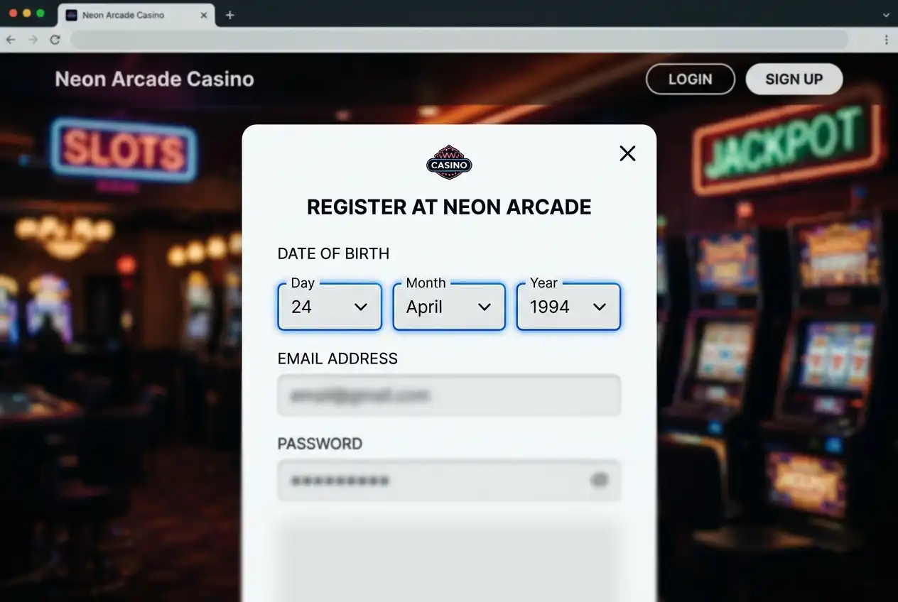 Age verification prompt on a casino registration page requiring date of birth confirmation