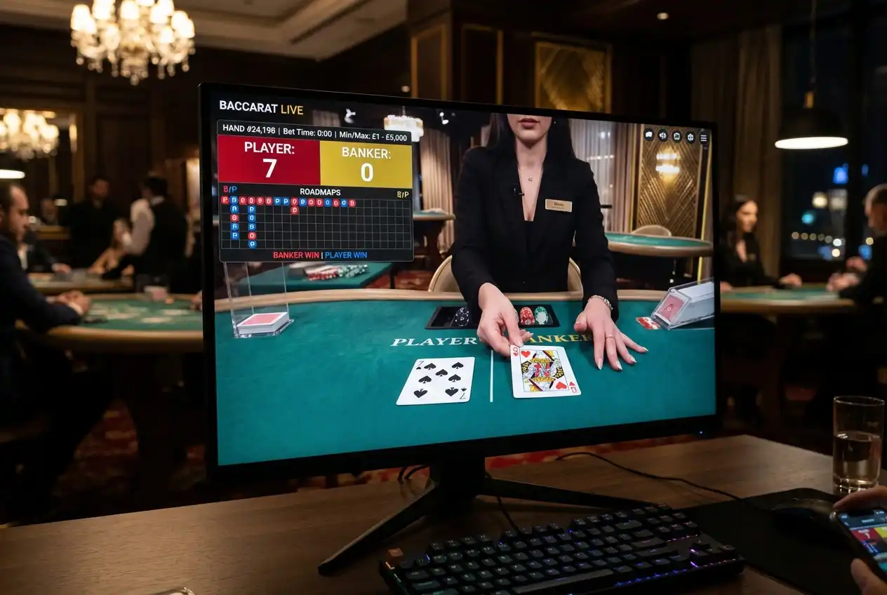 Live baccarat table with dealt cards and a score display panel on screen
