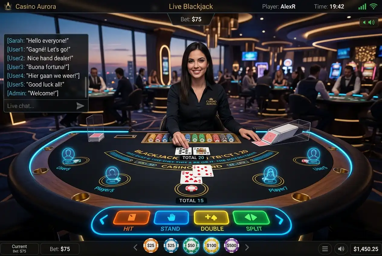 Player's view of a live blackjack table with betting controls and card display