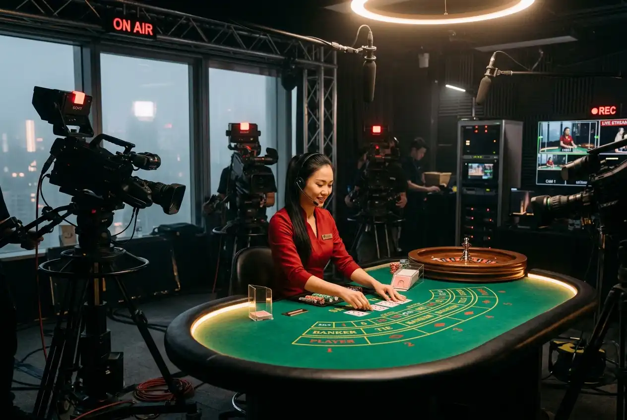 Professional live casino studio with cameras, lighting, and a dealer at a table