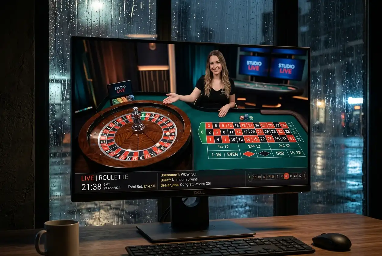 Live roulette table with the ball landing on a number during a streamed casino session