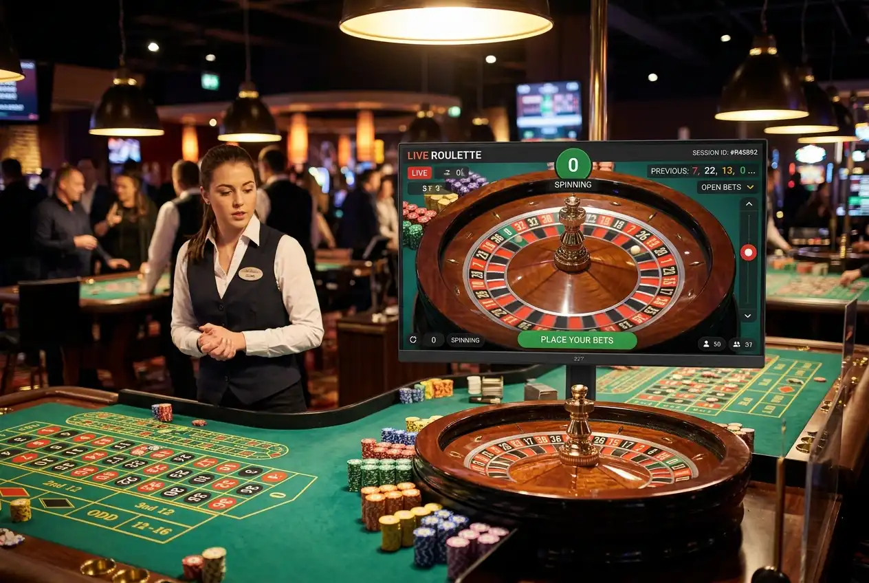 Live casino roulette wheel spinning during a real-time streamed game session