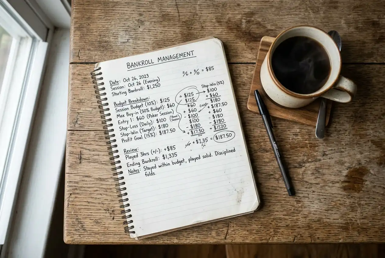 Notebook with handwritten bankroll management notes beside a cup of coffee