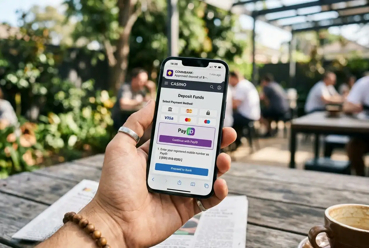 Smartphone displaying a mobile casino PayID checkout flow with banking app