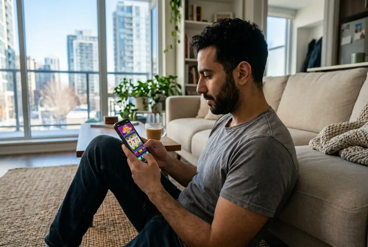 Person playing a pokies game on a smartphone in a casual home setting