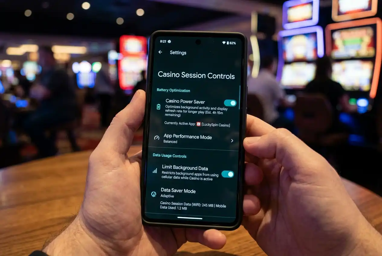 Phone settings screen showing battery optimisation options during a casino session