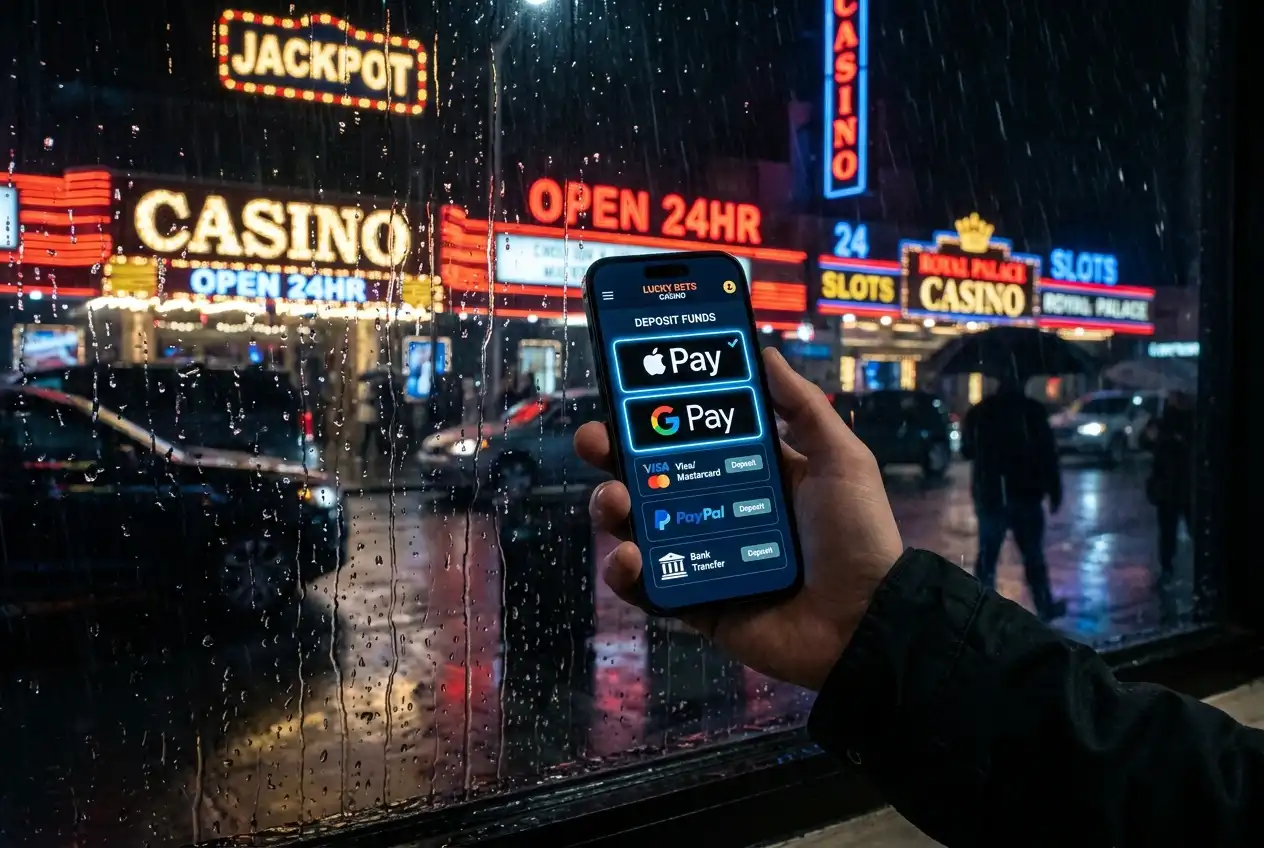 Smartphone showing Apple Pay and Google Pay options on a casino deposit selection screen