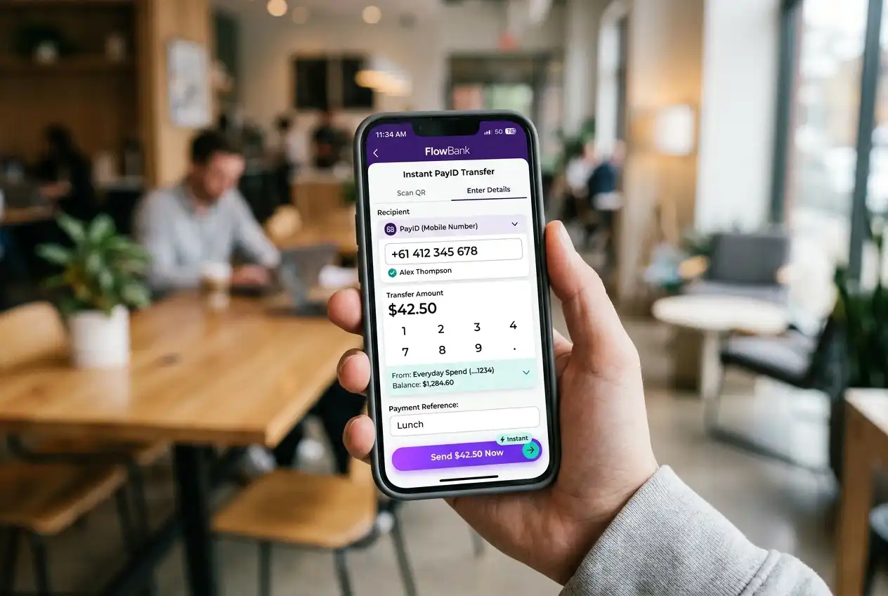 Digital neobank app interface showing instant PayID transfer capabilities