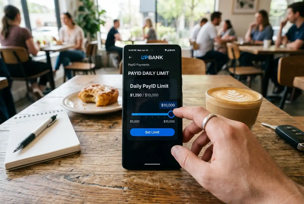 Neobank app interface with adjustable PayID daily limit slider control