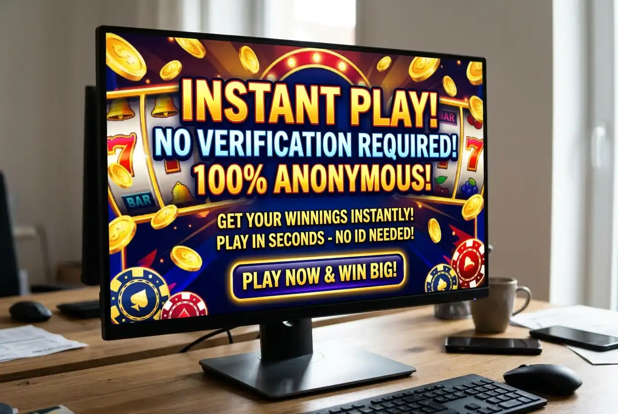 Casino promotional banner advertising instant play without verification requirements