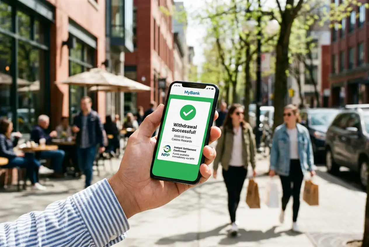 Banking app showing an instant NPP settlement after casino withdrawal approval