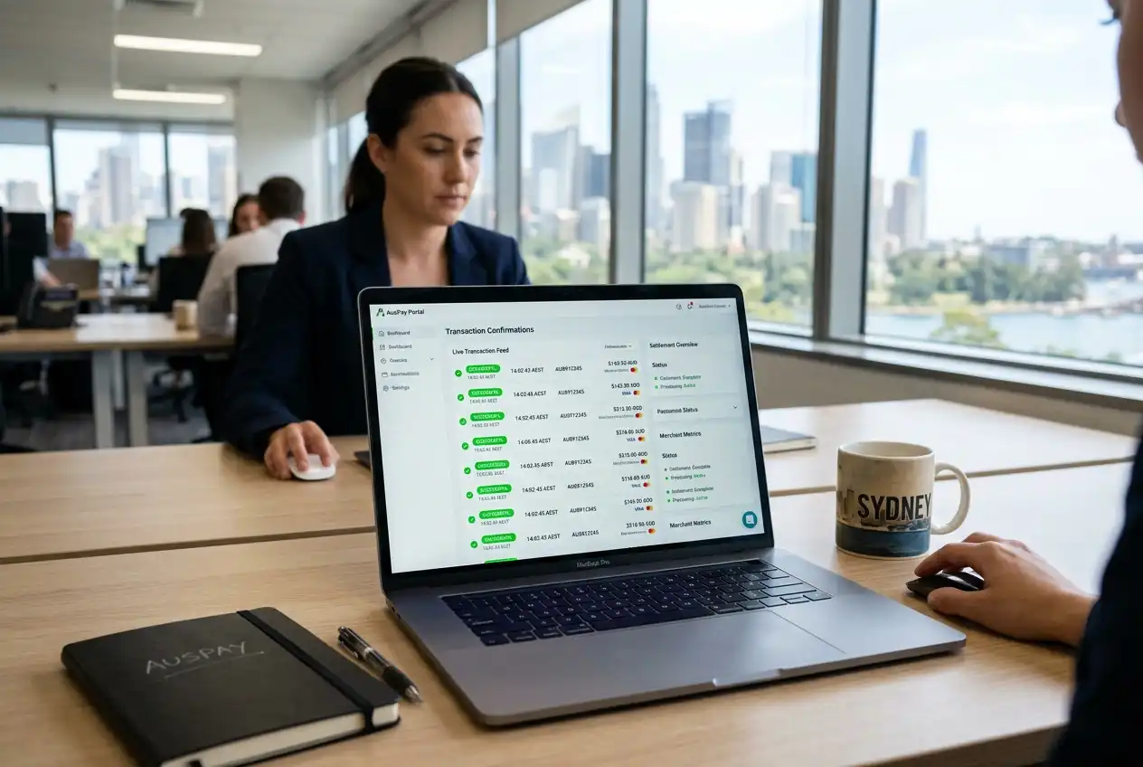 Australia's NPP real-time payment rail processing a bank transfer on a laptop screen