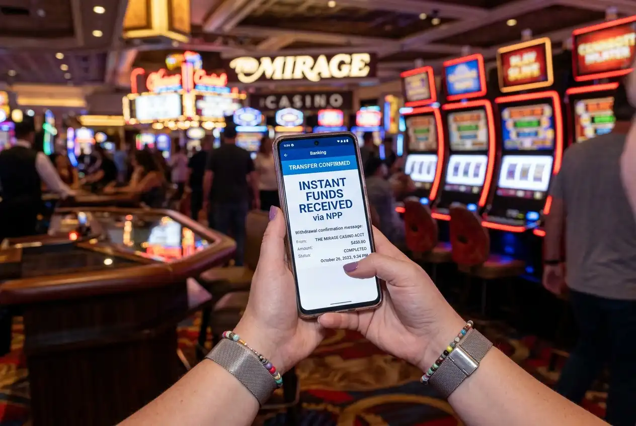 Banking app showing instant receipt of funds via NPP after casino withdrawal approval