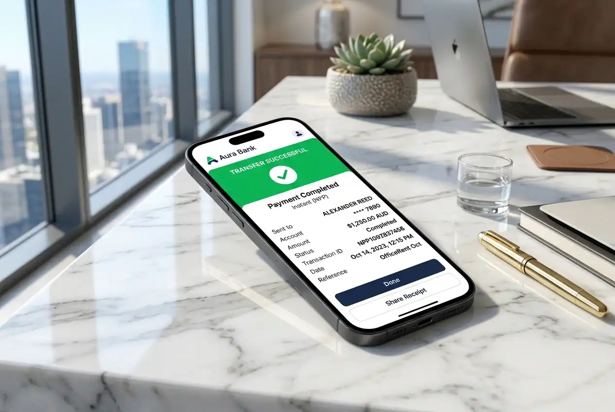 Real-time payment settlement confirmation on Australia's NPP network displayed on screen