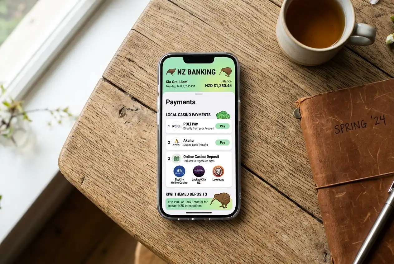 New Zealand banking app displaying local payment methods available for online casino deposits