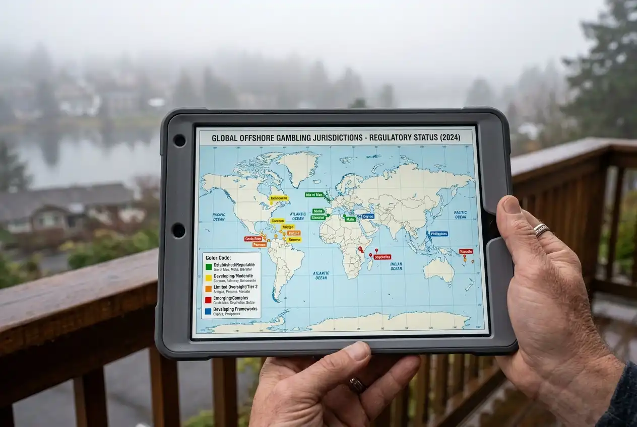 World map on a screen highlighting offshore gambling jurisdictions and their regulatory status