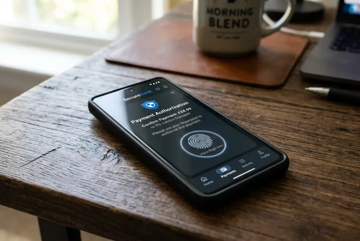 Smartphone with biometric authentication prompt for a banking app payment authorisation