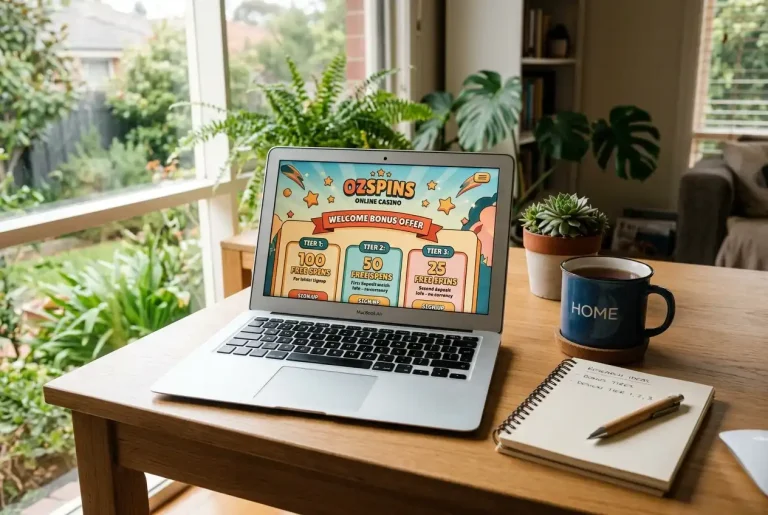 Casino welcome bonus offer displayed on a laptop screen with PayID deposit option