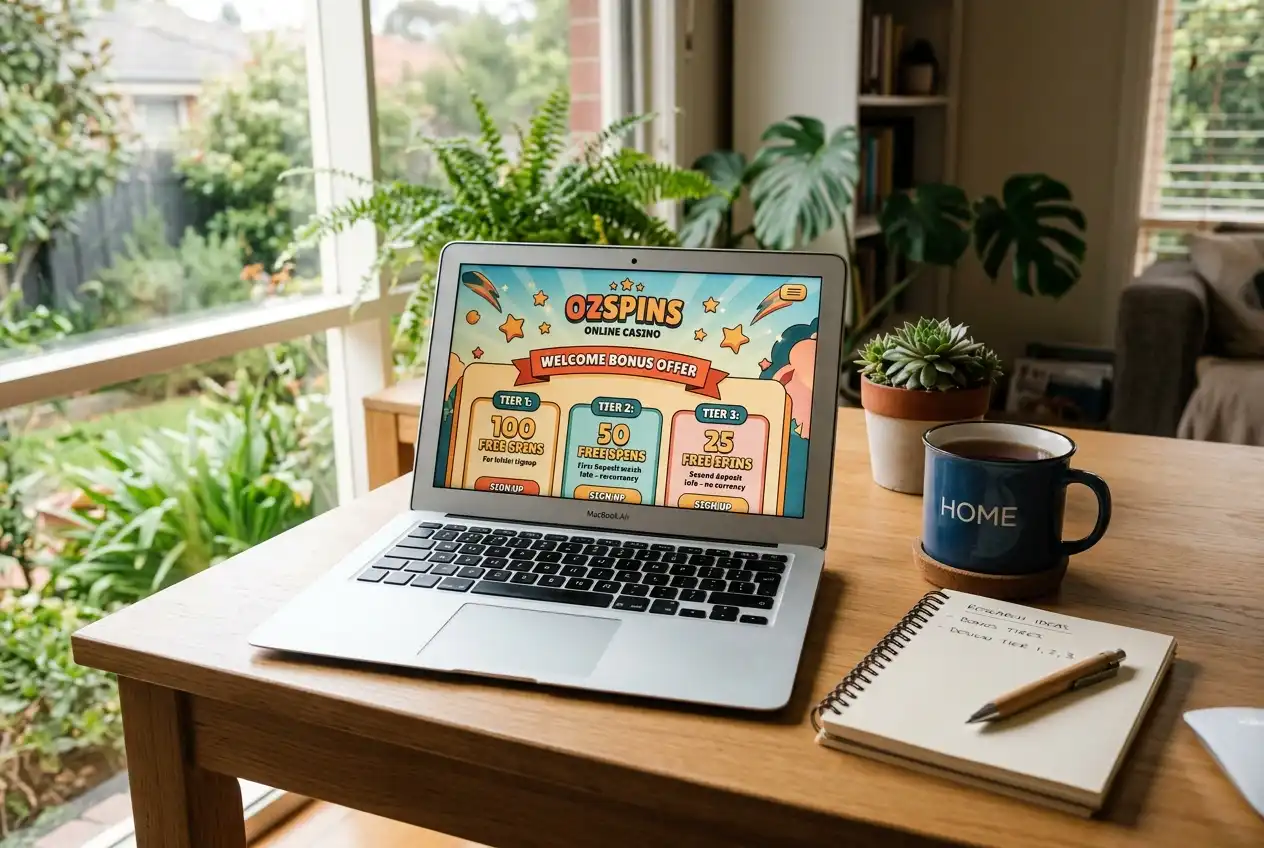 Casino welcome bonus offer displayed on a laptop screen with PayID deposit option