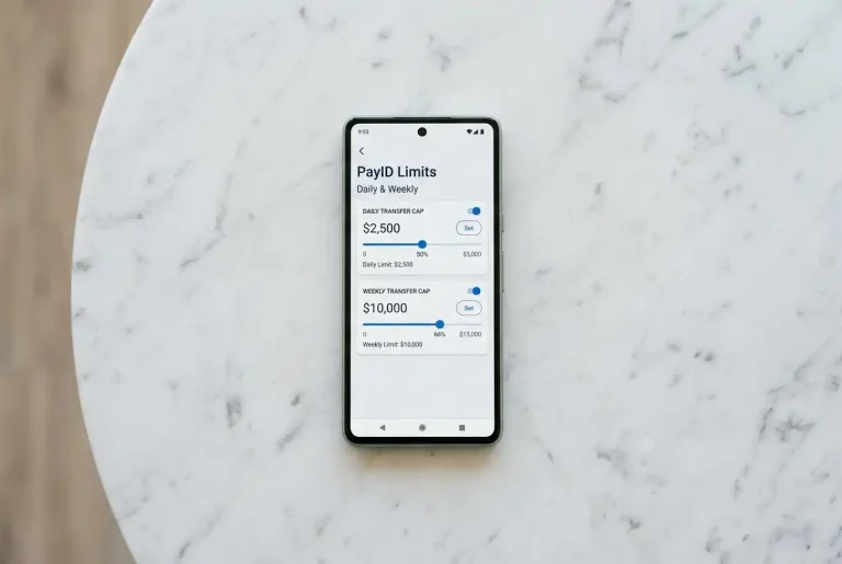 Banking app screen showing daily transfer limit settings for PayID transactions