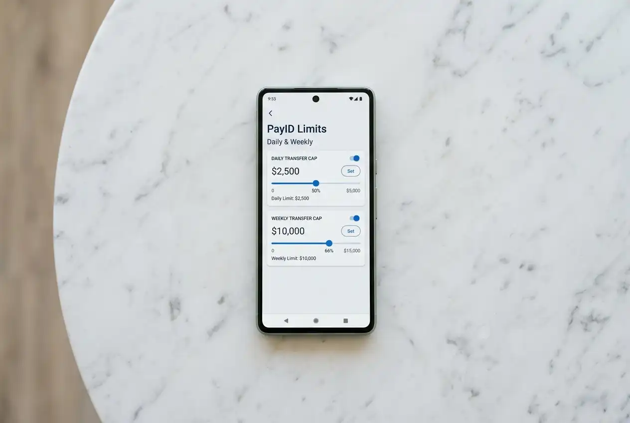Banking app screen showing daily transfer limit settings for PayID transactions