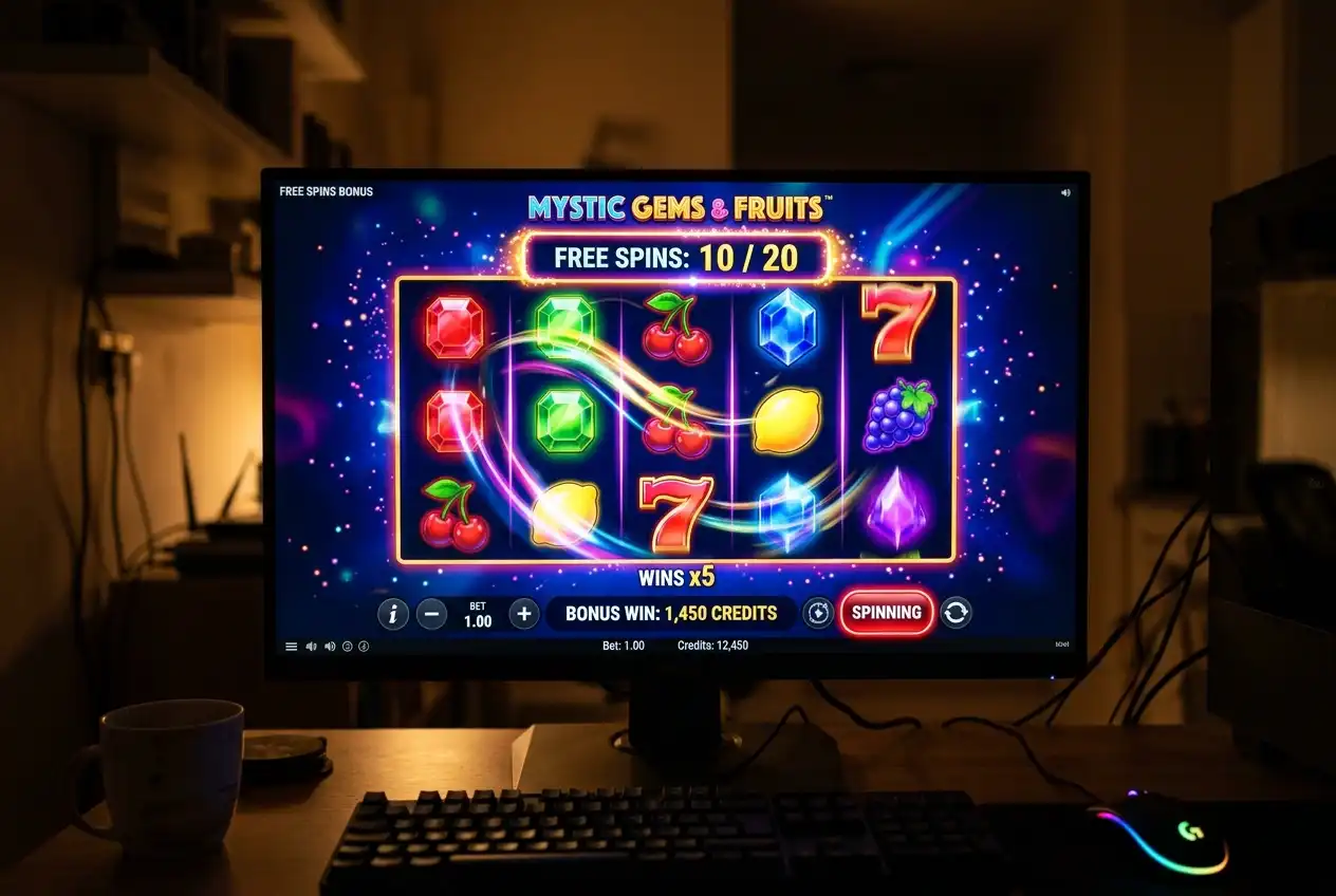 Colourful online slot machine reels spinning during a free spins bonus round