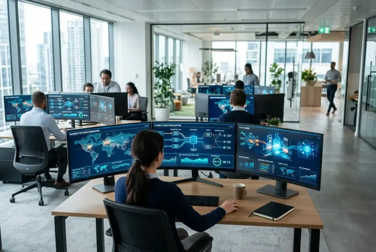 Modern fintech office workspace with screens displaying next-generation payment technology concepts