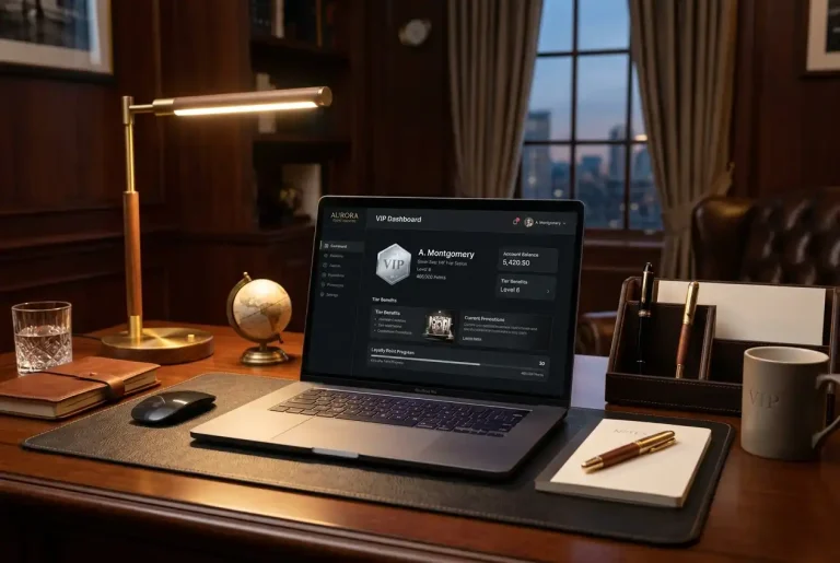 Elegant desk setup with a high-end laptop showing a VIP casino account dashboard