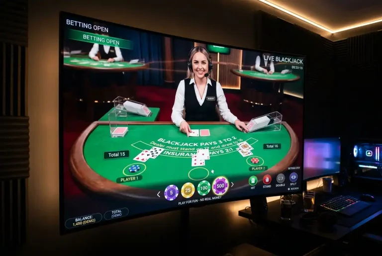 Live dealer blackjack table streamed on a monitor with cards and chips visible