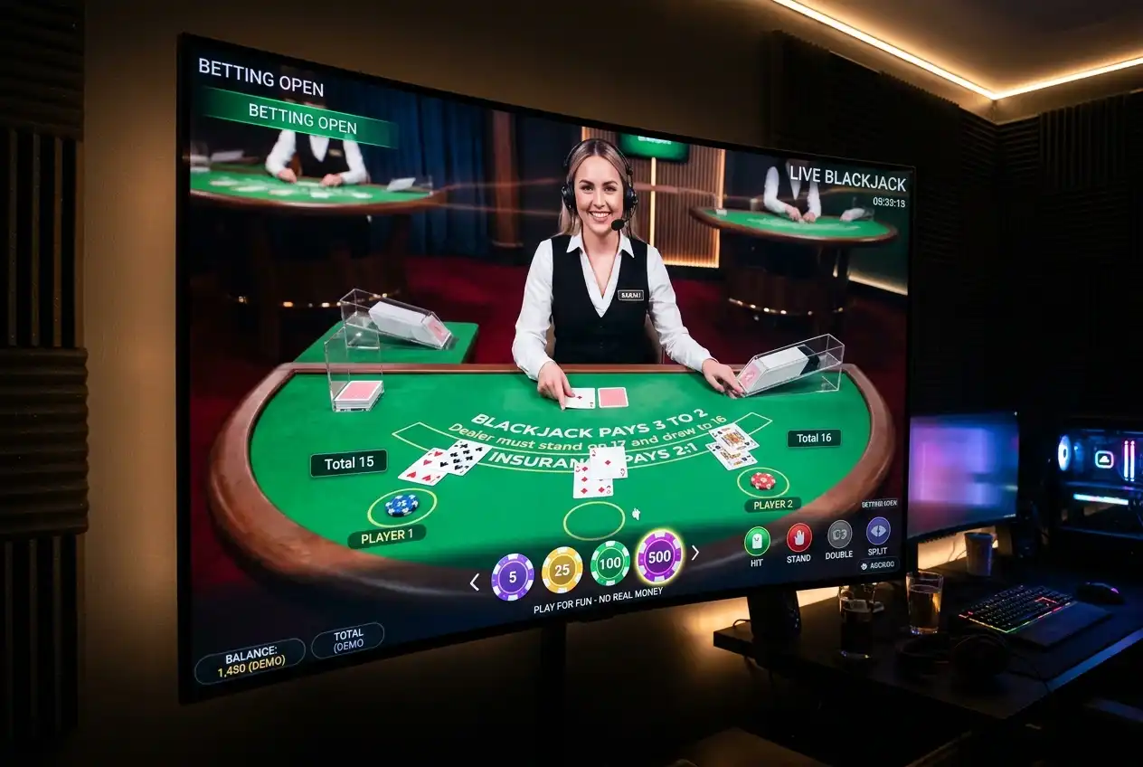 Live dealer blackjack table streamed on a monitor with cards and chips visible