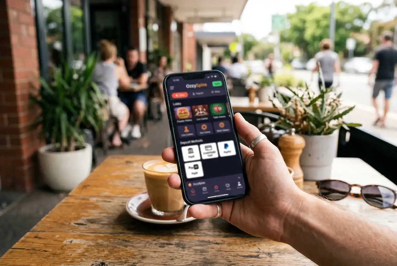 Person holding a smartphone with a mobile casino lobby and PayID deposit option visible