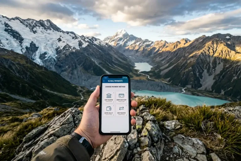 New Zealand landscape with a smartphone showing cross-border payment options for casino play