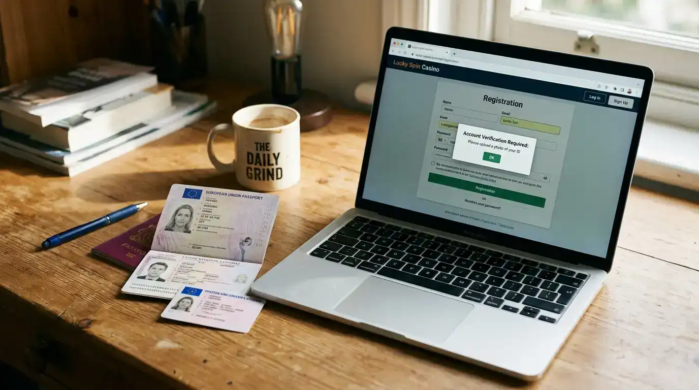 Identity verification documents beside a laptop showing a casino registration page