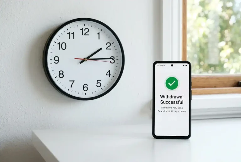 Clock showing same-day timing beside a PayID withdrawal confirmation on a phone screen