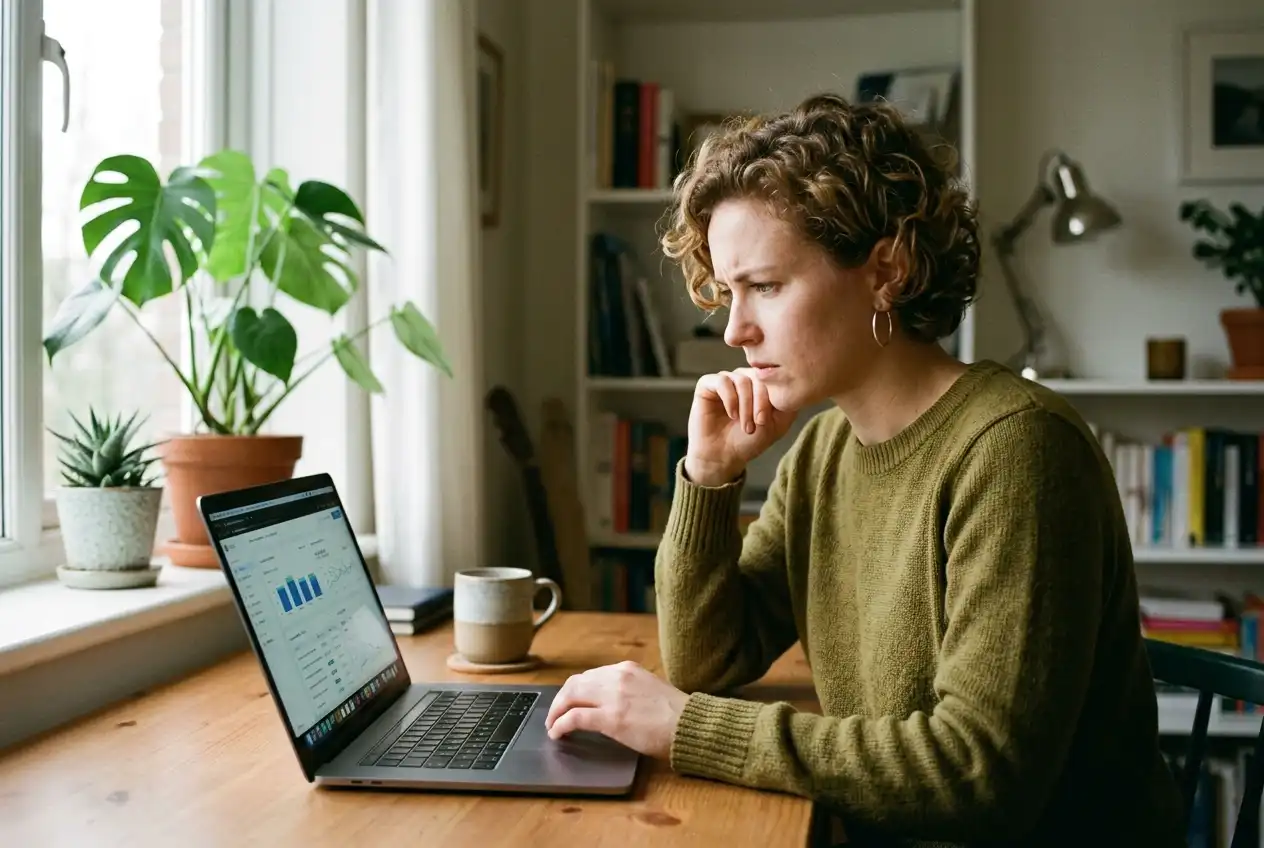 Person reviewing a suspicious casino website on a laptop with a cautious expression