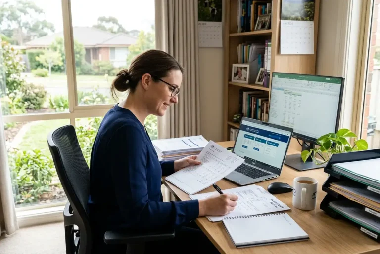 Person reviewing financial documents and a laptop with Australian tax office information displayed