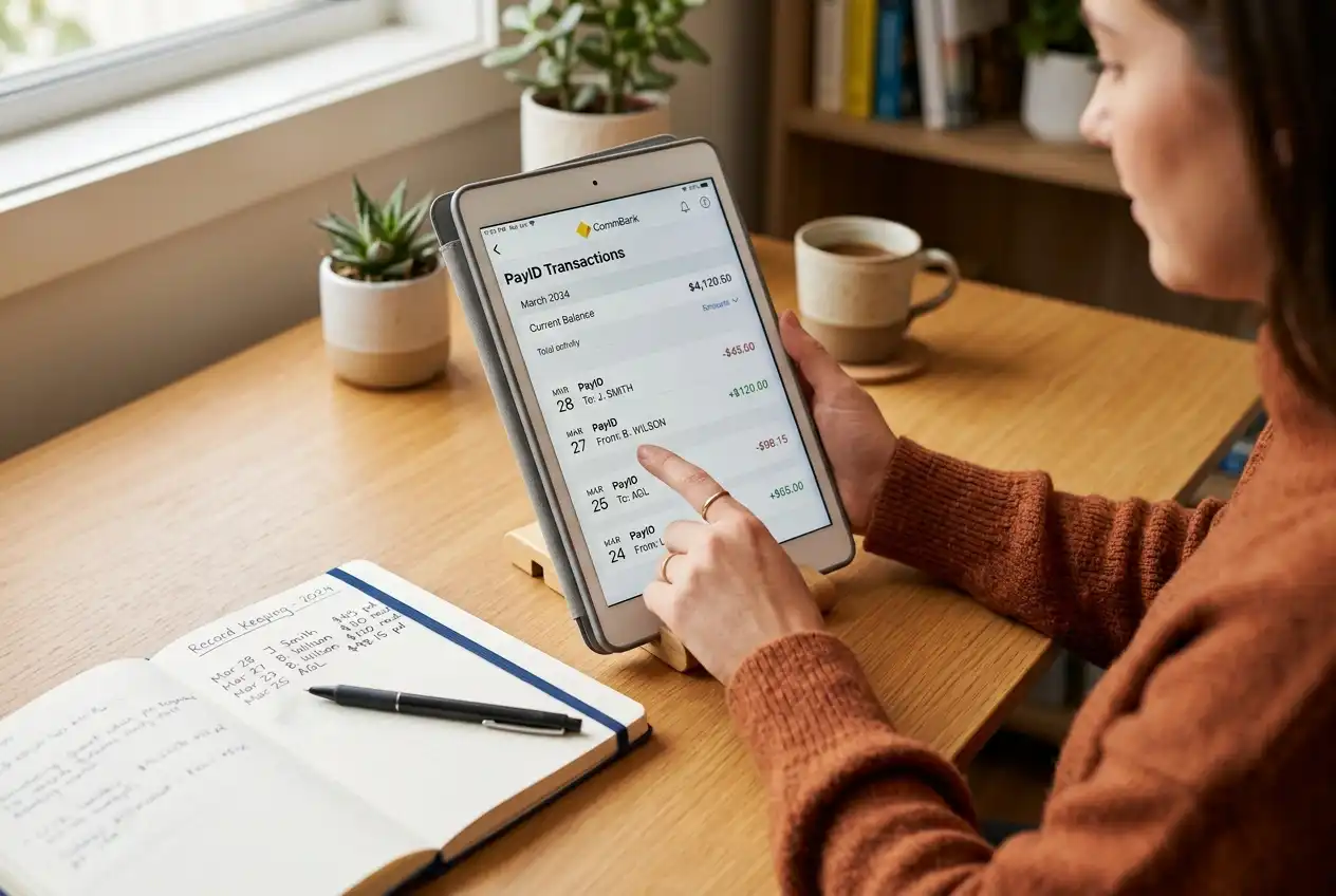 Person reviewing PayID casino transaction records on a banking app statement screen