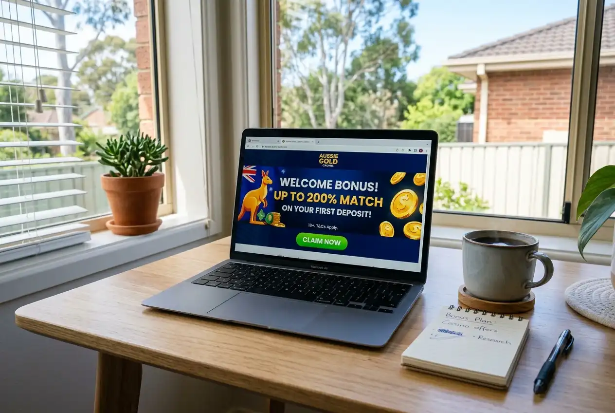 Casino welcome bonus promotional banner displayed on a laptop beside a coffee cup