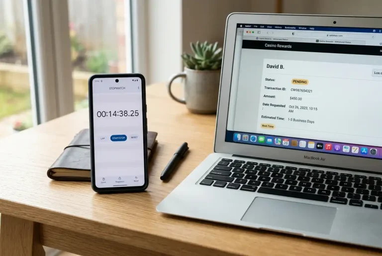 Stopwatch beside a phone showing a pending PayID casino withdrawal request
