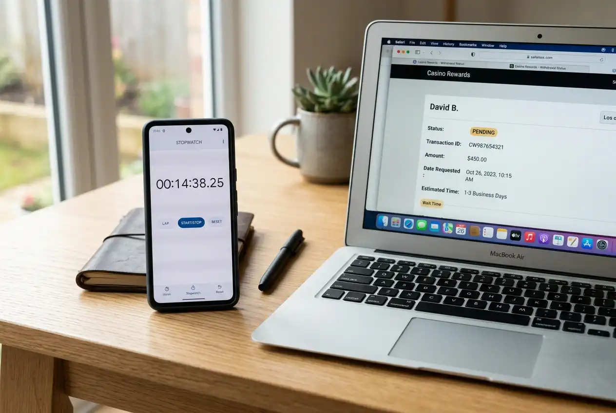 Stopwatch beside a phone showing a pending PayID casino withdrawal request