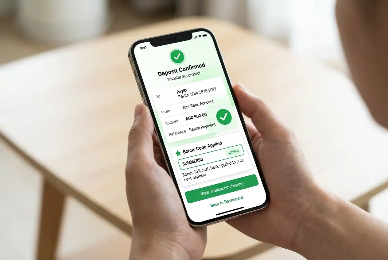 PayID deposit confirmation screen with an active bonus code applied