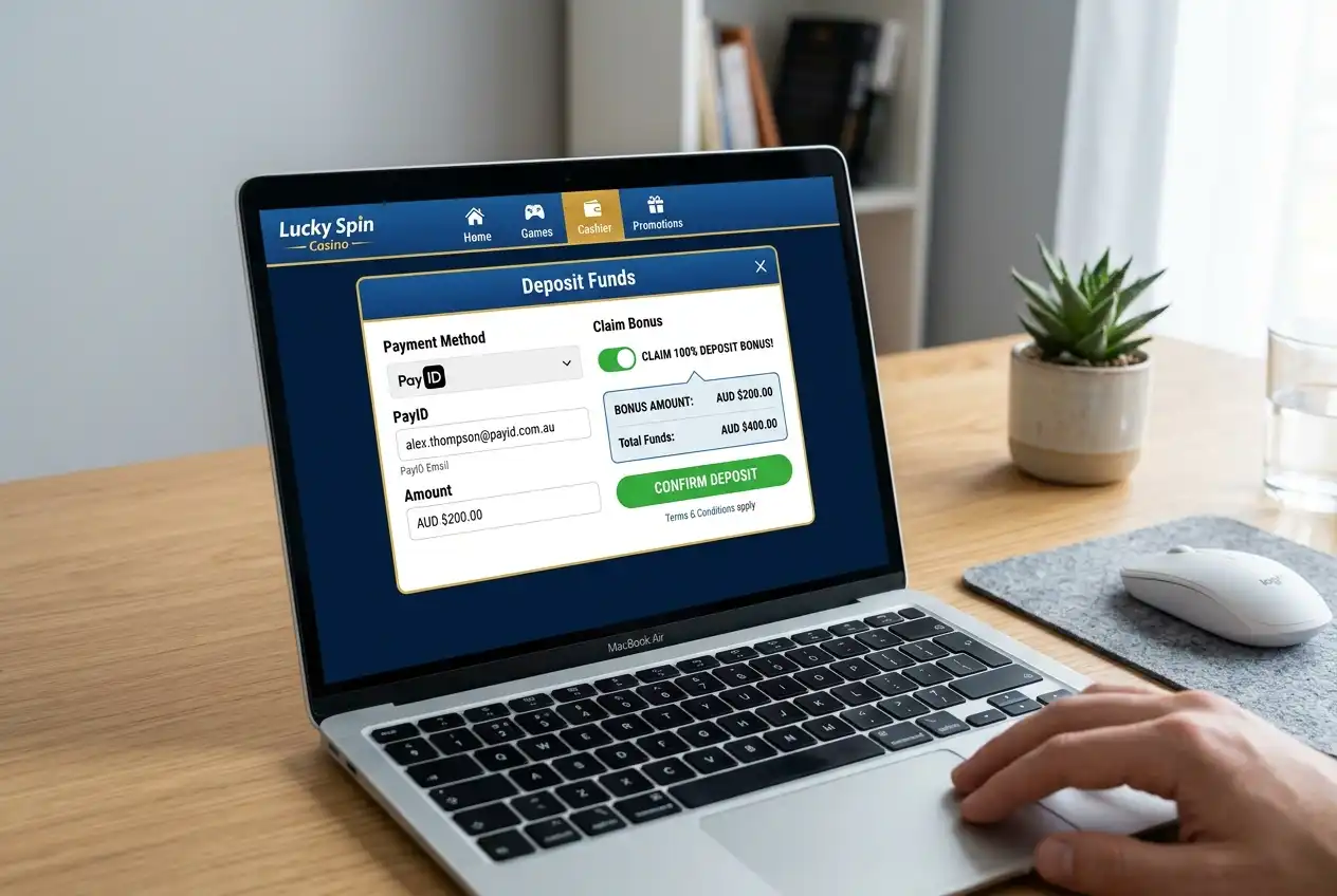Casino deposit page with a PayID payment and bonus claim toggle enabled