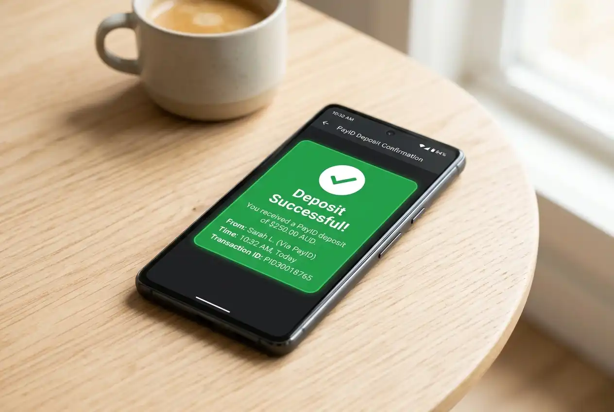 PayID deposit confirmation notification on a smartphone screen